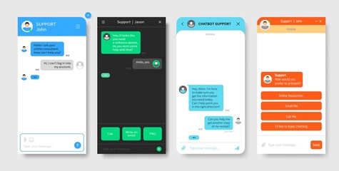 Support chat window, chatbot or bot messenger app interface vector template. Customer support and online help desk application, web consultant dialog or live message box and chatbot application - obrazy, fototapety, plakaty