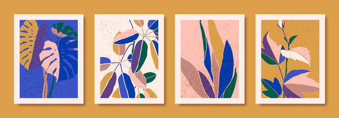 Set Abstract Floral Posters in Contemporary Minimalist Style. Vector Colorful Tropical Backgrounds. Art Collage