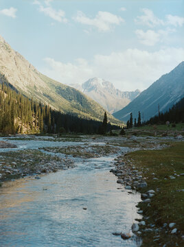 Scenic view of river in mountains of Kyrgyzstan