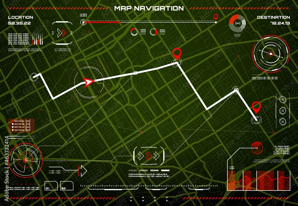 Poster HUD navigation interface. Control of hazard, city map navigation screen. Vector digital dashboard with location arrow and red pins on route, graphs, charts and infographic graphs on green field