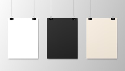 Hanging paper posters mockups, vector realistic sheets of paper on strings. Photo gallery posters on wall, blank white and black board frames hanging on binder clips, exhibition picture canvas