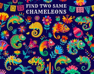 Find two same Mexican chameleon lizards, kids game riddle, vector. Find similar objects, puzzle or tabletop game worksheet with Mexican cactus and flowers on papel picado or fiesta flags © Vector Tradition