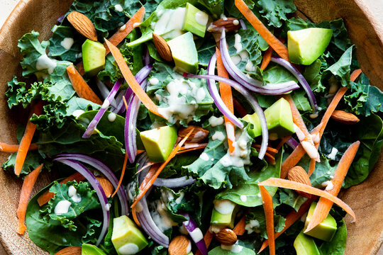 Close up of kale avocado salad