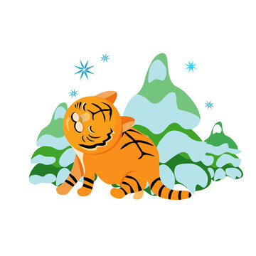 Tiger near winter trees with snowflakes, vector illustration, cute animal, symbol of the new year according to the eastern calendar. Drawn by hand, for postcards, books, print.