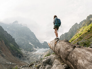 Hiker standing on the fallen tree  in mountain area