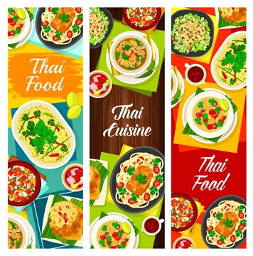 Thai cuisine vector mushroom soup tom klong hed ruam, chicken soup tom kha gai and lemongrass tea. Fish coconut curry, noodles with pork satay and peanut sauce, squid salad yam pra muek Thailand meals