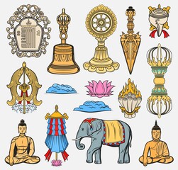 Buddhism, Indian religion sacred symbols. Meditating Buddha, two goldfishes and elephant, diamond Vajra, victory banner and lotus flower, Kila knife, conch shell and dharma wheel, kalachakra symbol