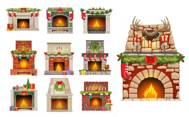 House fireplaces with Christmas decorations set. Stone, brick and marble fireplaces with fire, Christmas tree ornaments baubles, holly leaves and stocking, gifts, winter holiday wreath cartoon vector