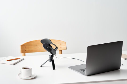 Equipment prepared for podcast recording
