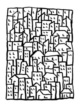 Ilustração vetorial em simples estilo plano geométrico mínimo - paisagem urbana com edifícios, - fundo abstrato para imagens de cabeçalho para sites, banners, capas