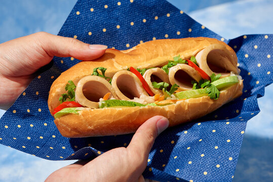 Hand holding Banh Mi, a Vietnamese sandwich 