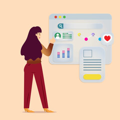 Confident young woman gives a report, businesswoman standing near flip chart and shows graphics, Business presentation concept vector illustration. icon and chart