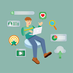 Man sitting with laptop. Vector illustration. Flat modern design of social networking