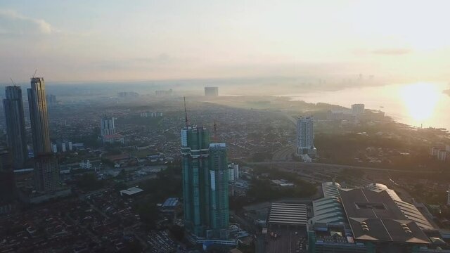 Ariel View of Johor Bahru City, Malaysia from Selat Tebrau sea