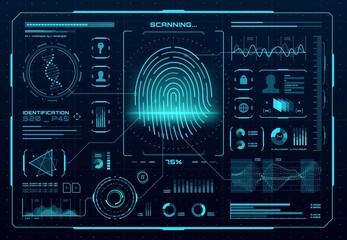 HUD biometric access control interface. Fingerprint scanner, digital identification or authentication technology. Vector thumb print with neon glowing infographic elements, DNA, graphs and charts