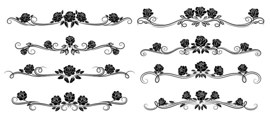 Black rose flower borders, dividers and floral swirls. Monochrome headers, vector retro embellishments, vintage roses with blossom buds and leaves. Decorative isolated vignettes set © Vector Tradition