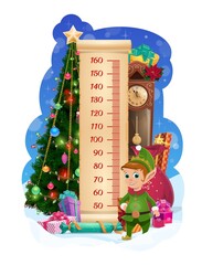 Kids height chart with Christmas tree and funny elf. Child growth measure meter with cartoon vector cute elf character, winter holidays wrapped gifts and glowing garland on Christmas tree, retro clock