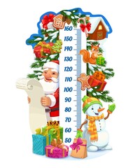 Christmas Santa and gifts kids height chart, growth meter. Vector wall sticker with decorated Xmas tree, snowman and winter festive decor on snowy spruce. Children size measurement cartoon ruler
