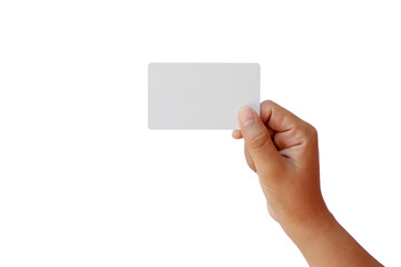 hand holding blank card on white background with the clipping path.