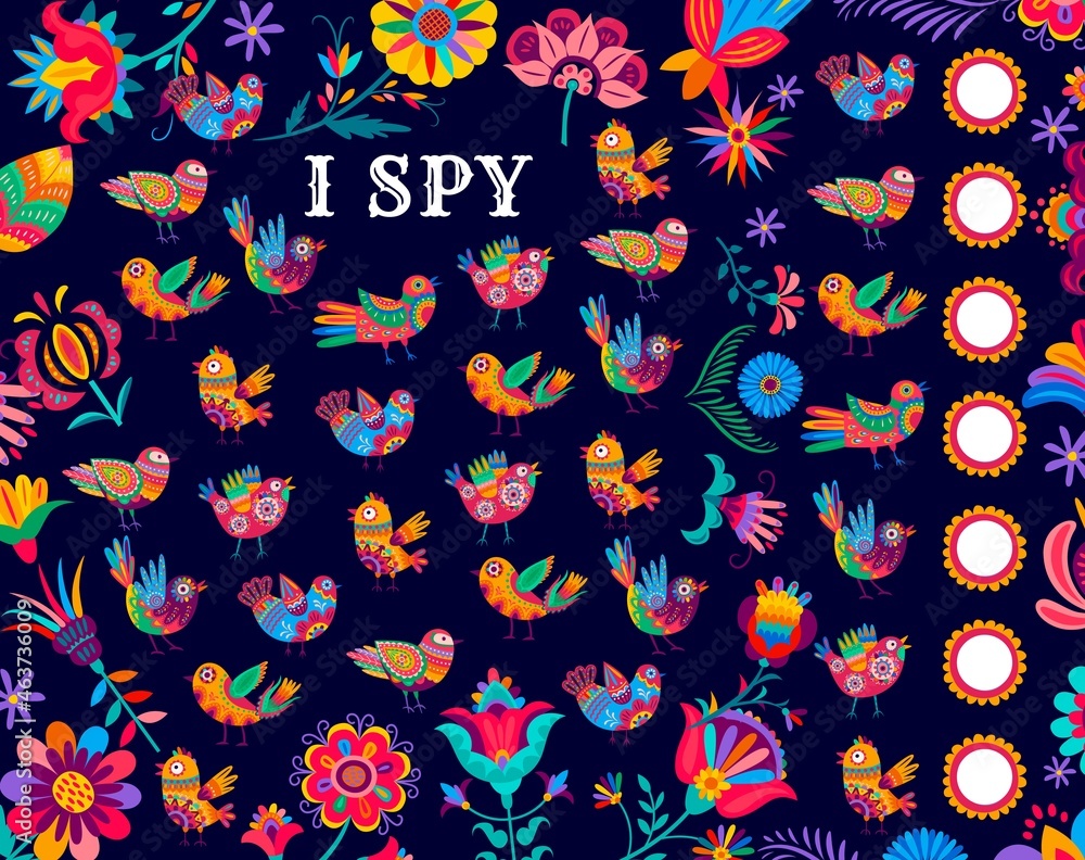 Poster i spy kids game with mexican alebrije birds. children riddle with mexican folk fantasy birds and flo
