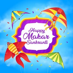 Makar Sankranti Indian holiday kites vector design of Hindu religion festival. Blue sky with flying paper toys and festive confetti, fish and bird shaped kites with colorful strings, ribbons and tails