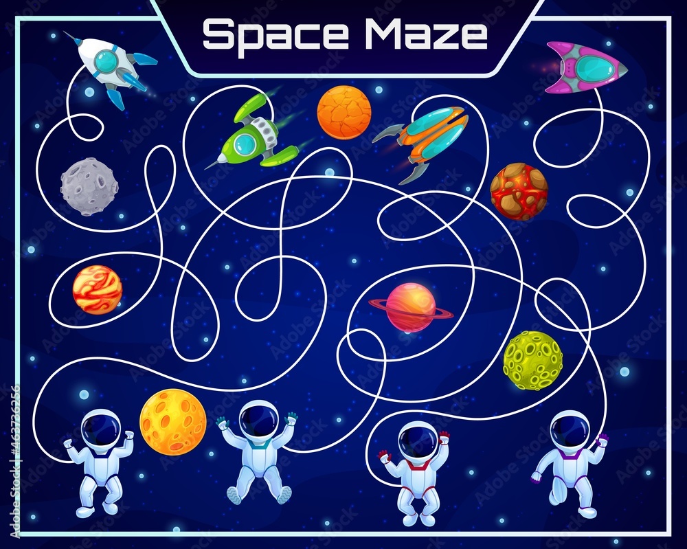 Poster galaxy space labyrinth maze with planets and astronauts. kids board game, vector task with tangled p