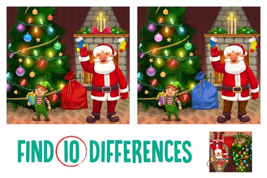 Kids Christmas game, find ten differences riddle with Santa Claus and elf characters, Christmas tree in living room, gifts cartoon vector. Children playing activity with image details search task