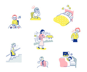 体調不良の女性　さまざまなシーン　セット
