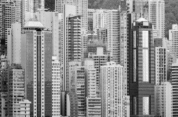 Exterior of high rise buildings in downtown district of Hong Kong city