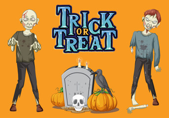 Trick or Treat text logo with two creepy zombies