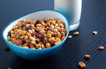 isometric flat of a plate of peanuts with milk
