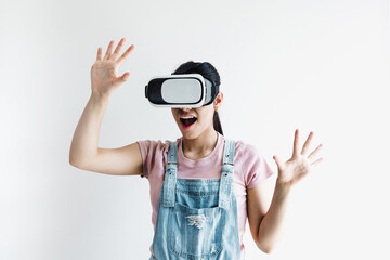 young latin woman with glasses of virtual reality on a white background. Future technology concept. Modern imaging technology in Latin America