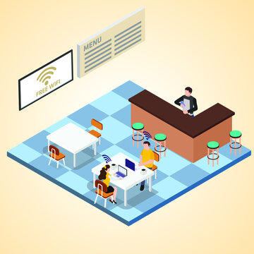 People working with free wifi at cafe 3d isometric vector illustration concept for banner, website, landing page, ads, flyer template