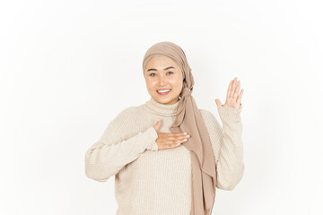 Swearing Gesture, Make an Oath  of Beautiful Asian Woman Wearing Hijab Isolated On White Background 