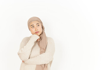 Thinking Gesture of Beautiful Asian Woman Wearing Hijab Isolated On White Background