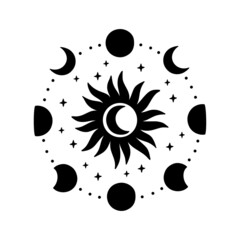 Moon phases vector illustration. Contemporary art with crescent moon silhouette and sun. Celestial t shirt print, boho poster, astrology symbol, tribal tattoo. Hand drawn astronomy concept