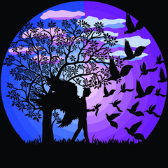 silhouette of a tree in the night, silhouette background depicting angel with birds, blue and purple background silhouette, winged angel, birds, animation vector
