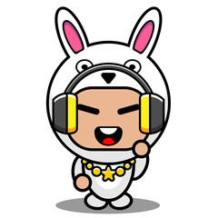 vector illustration of cartoon character cute bunny animal mascot costume listening to music
