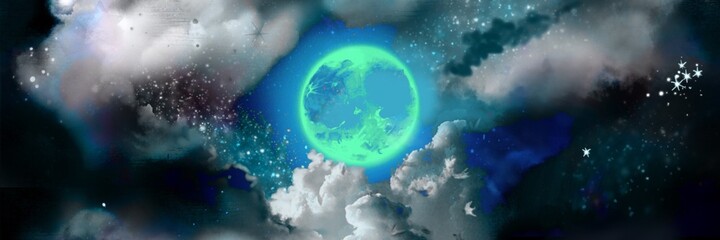 Illustration of night sky with creepy blue full moon	