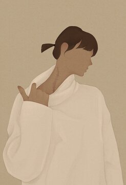 Woman showing her huge scar on a neck illustration 