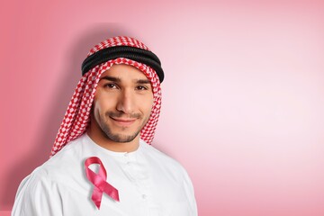 Confident portrait of a friendly Arab Muslim man wearing a hijab and ribbon