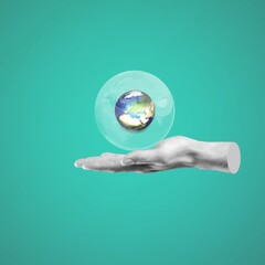 Digital collage modern art. Hand holding globe with bubble on a background