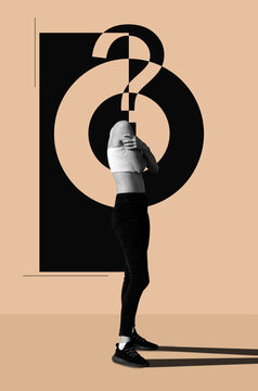 Woman without head standing against abstract background
