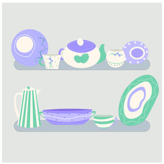 Beautiful handmade ceramics on the shelves flat vector illustration. Clean dishes. Decorative tableware isolated on grey background. Kitchen utensils and dinnerware. Restaurant faience. 