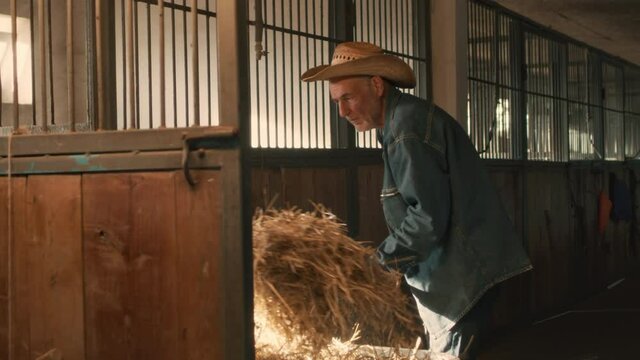 Elderly farmer throwing straw into stall