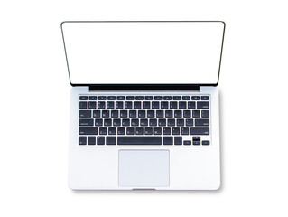Top view of keyboard laptop with blank white screen with. Isolated on white background. Clipping path.