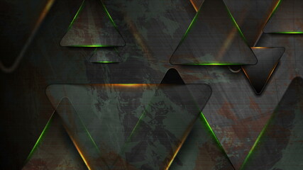 Black and glowing green orange triangles abstract background