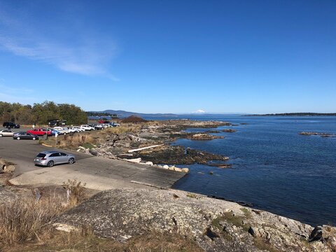 Parking lot by the ocean in Victoria, BC. Cattle point on Vancouver Island, British Columbia, Canada