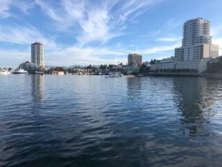 Nanaimo waterfront with boats in a distance. Harbor and marina in Downtown Nanaimo, British Columbia, Canada