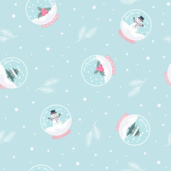 Fototapeta na wymiar Cartoon Snow Globe Seamless Pattern on Blue Background. Vector Illustrations